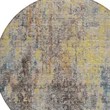 8' Brown And Gold Round Abstract Washable Indoor Outdoor Area Rug