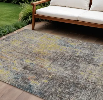 9' X 12' Brown And Gold Abstract Washable Indoor Outdoor Area Rug