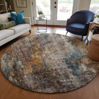 8' Taupe Chocolate And Copper Round Abstract Washable Indoor Outdoor Area Rug