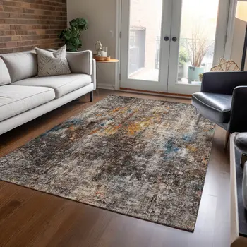 10' X 14' Taupe Chocolate And Copper Abstract Washable Indoor Outdoor Area Rug