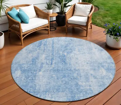 8' Denim Blue And Ivory Round Abstract Washable Indoor Outdoor Area Rug