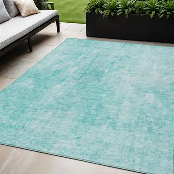 5' X 8' Teal Blue And Ivory Abstract Washable Indoor Outdoor Area Rug