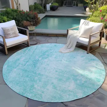 8' Teal Blue And Ivory Round Abstract Washable Indoor Outdoor Area Rug