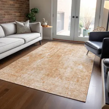 5' X 8' Terra Cotta Copper And Ivory Abstract Washable Indoor Outdoor Area Rug