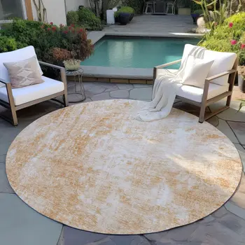 8' Terra Cotta Copper And Ivory Round Abstract Washable Indoor Outdoor Area Rug