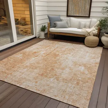 9' X 12' Terra Cotta Copper And Ivory Abstract Washable Indoor Outdoor Area Rug
