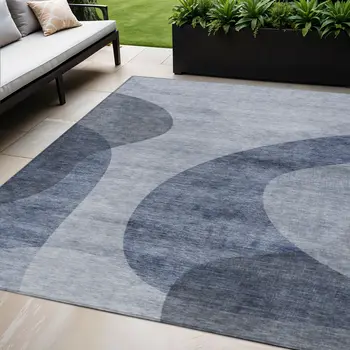 5' X 8' Denim Blue And Sky Blue Abstract Washable Indoor Outdoor Area Rug