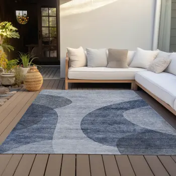 9' X 12' Denim Blue And Sky Blue Abstract Washable Indoor Outdoor Area Rug