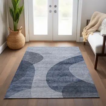 9' X 12' Denim Blue And Sky Blue Abstract Washable Indoor Outdoor Area Rug