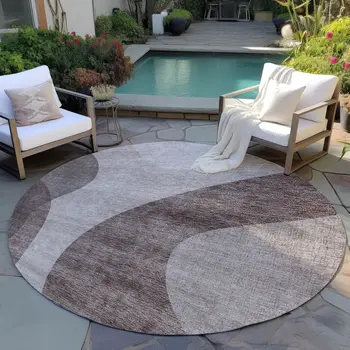 8' Brown Taupe And Beige Round Abstract Washable Indoor Outdoor Area Rug