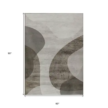 5' X 8' Taupe Beige And Chocolate Abstract Washable Indoor Outdoor Area Rug