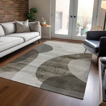 5' X 8' Taupe Beige And Chocolate Abstract Washable Indoor Outdoor Area Rug