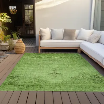5' X 8' Green And Olive Green Oriental Washable Indoor Outdoor Area Rug