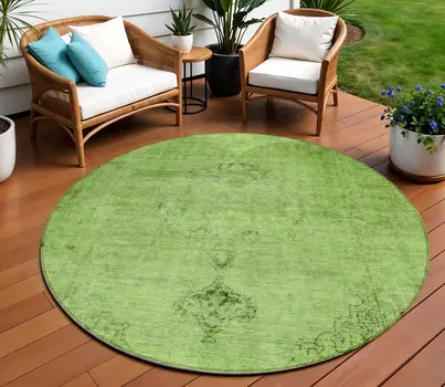 8' Green And Olive Green Round Oriental Washable Indoor Outdoor Area Rug