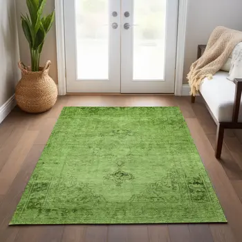 10' X 14' Green And Olive Green Oriental Washable Indoor Outdoor Area Rug
