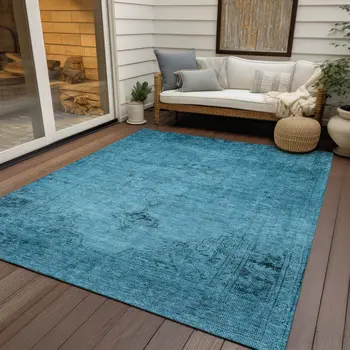 5' X 8' Denim Blue And Navy Blue Oriental Washable Indoor Outdoor Area Rug