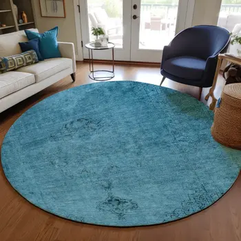 8' Denim Blue And Navy Blue Round Oriental Washable Indoor Outdoor Area Rug