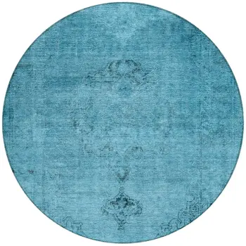 8' Denim Blue And Navy Blue Round Oriental Washable Indoor Outdoor Area Rug