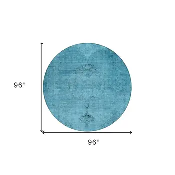 8' Denim Blue And Navy Blue Round Oriental Washable Indoor Outdoor Area Rug