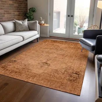 3' X 5' Copper Orange And Brown Oriental Washable Indoor Outdoor Area Rug
