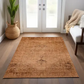 3' X 5' Copper Orange And Brown Oriental Washable Indoor Outdoor Area Rug