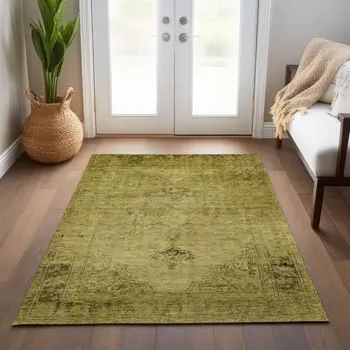 5' X 8' Gold Brown And Wheat Oriental Washable Indoor Outdoor Area Rug