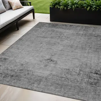 5' X 8' Gray Silver And Charcoal Oriental Washable Indoor Outdoor Area Rug
