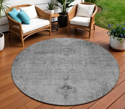 8' Gray Silver And Charcoal Round Oriental Washable Indoor Outdoor Area Rug