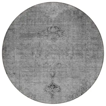 8' Gray Silver And Charcoal Round Oriental Washable Indoor Outdoor Area Rug