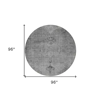 8' Gray Silver And Charcoal Round Oriental Washable Indoor Outdoor Area Rug