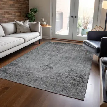 8' X 10' Gray Silver And Charcoal Oriental Washable Indoor Outdoor Area Rug