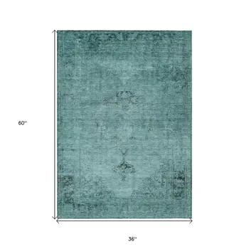 3' X 5' Teal Blue Turquoise And Charcoal Oriental Washable Indoor Outdoor Area Rug