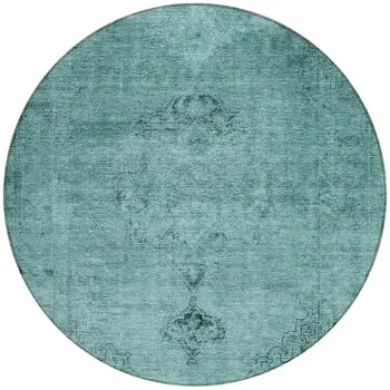 8' Teal Blue Turquoise And Charcoal Round Oriental Washable Indoor Outdoor Area Rug