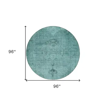 8' Teal Blue Turquoise And Charcoal Round Oriental Washable Indoor Outdoor Area Rug