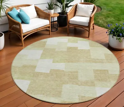 8' Beige Ivory And Brown Round Geometric Washable Indoor Outdoor Area Rug