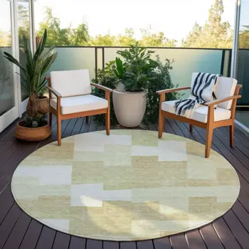 8' Beige Ivory And Brown Round Geometric Washable Indoor Outdoor Area Rug