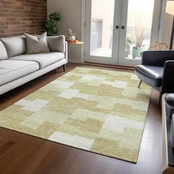 9' X 12' Beige Ivory And Brown Geometric Washable Indoor Outdoor Area Rug
