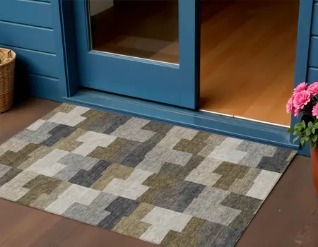 3' X 5' Brown Beige And Ivory Geometric Washable Indoor Outdoor Area Rug