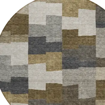 8' Brown Beige And Ivory Round Geometric Washable Indoor Outdoor Area Rug