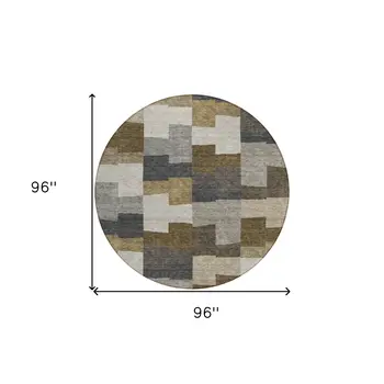 8' Brown Beige And Ivory Round Geometric Washable Indoor Outdoor Area Rug
