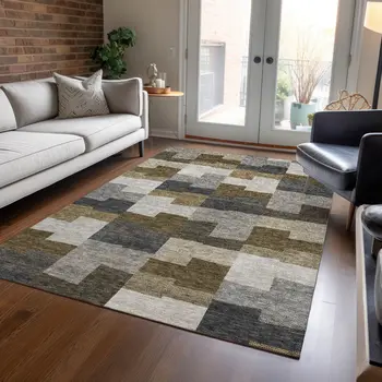 8' X 10' Brown Beige And Ivory Geometric Washable Indoor Outdoor Area Rug