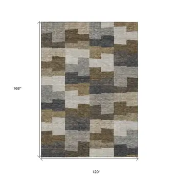 10' X 14' Brown Beige And Ivory Geometric Washable Indoor Outdoor Area Rug