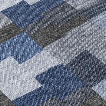 8' Navy Blue And Sky Blue Round Geometric Washable Indoor Outdoor Area Rug