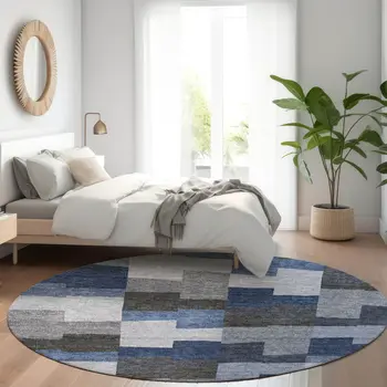 8' Navy Blue And Sky Blue Round Geometric Washable Indoor Outdoor Area Rug