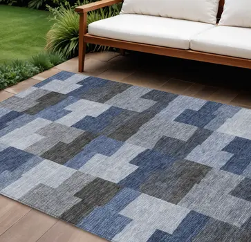 9' X 12' Navy Blue And Sky Blue Geometric Washable Indoor Outdoor Area Rug