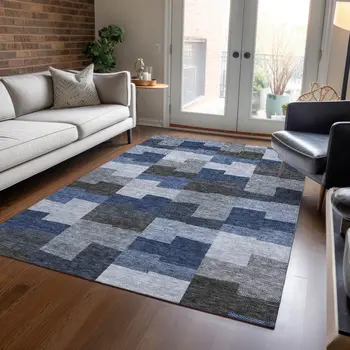 9' X 12' Navy Blue And Sky Blue Geometric Washable Indoor Outdoor Area Rug