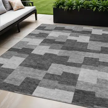 5' X 8' Gray Silver And Charcoal Geometric Washable Indoor Outdoor Area Rug