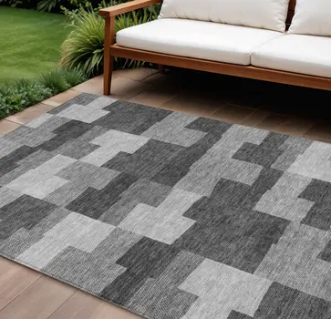 10' X 14' Gray Silver And Charcoal Geometric Washable Indoor Outdoor Area Rug