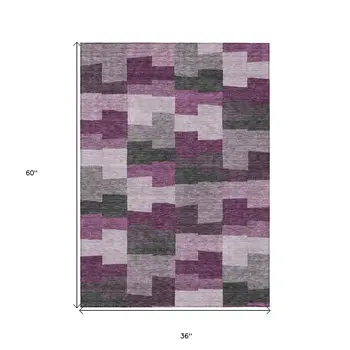 3' X 5' Merlot Mauve And Charcoal Geometric Washable Indoor Outdoor Area Rug