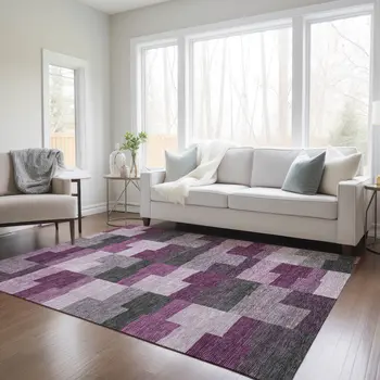 9' X 12' Merlot Mauve And Charcoal Geometric Washable Indoor Outdoor Area Rug